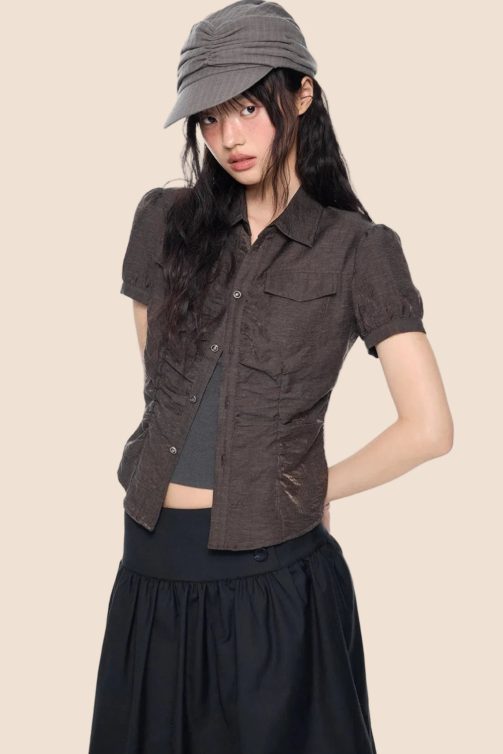 Pleated Waist-Cinching Shirt
