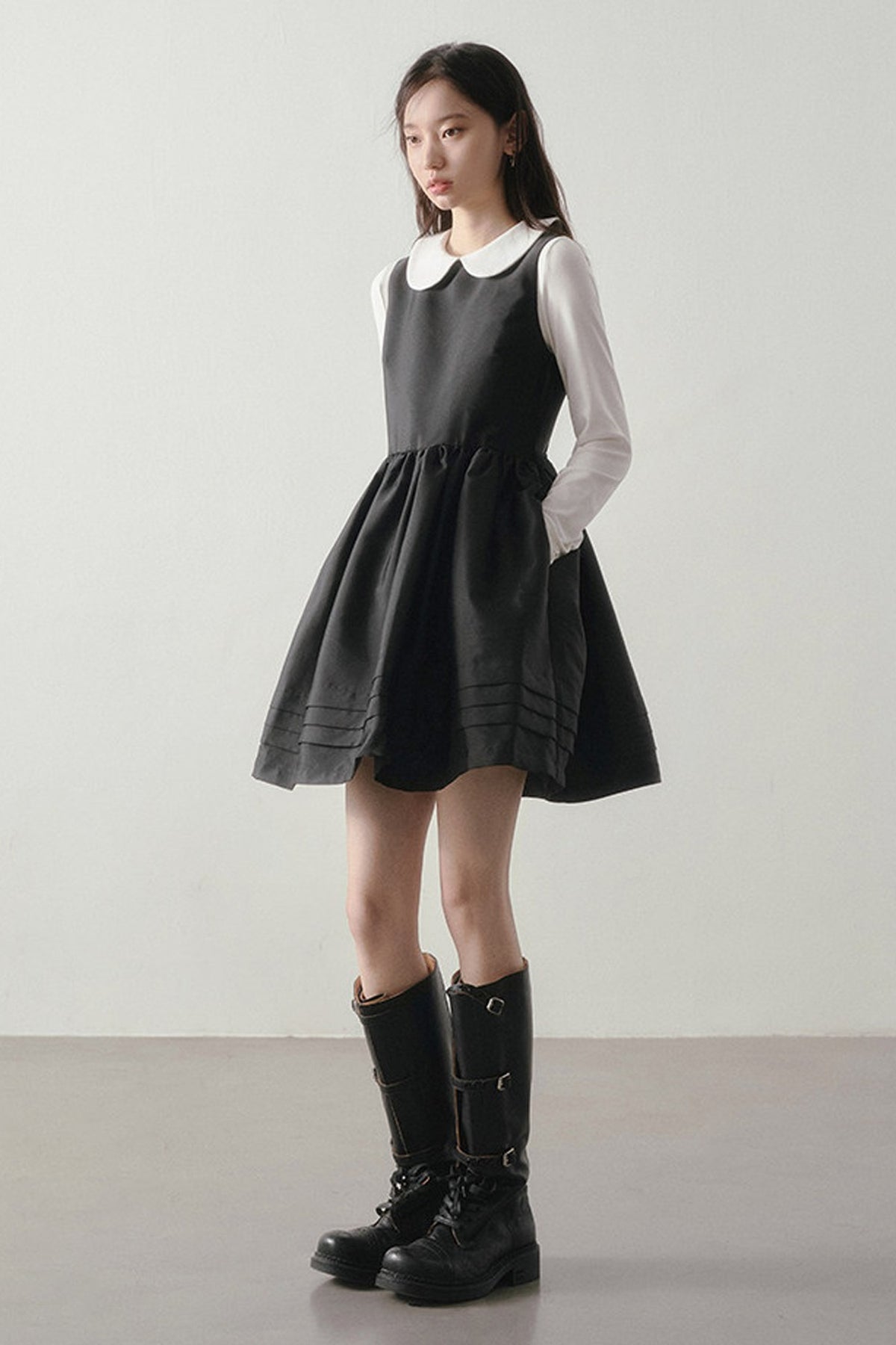 Black Satin Waist-Cinching Dress