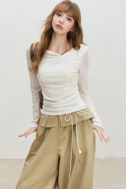 Lyocell Overlapping Pleated Long-Sleeve T-Shirt