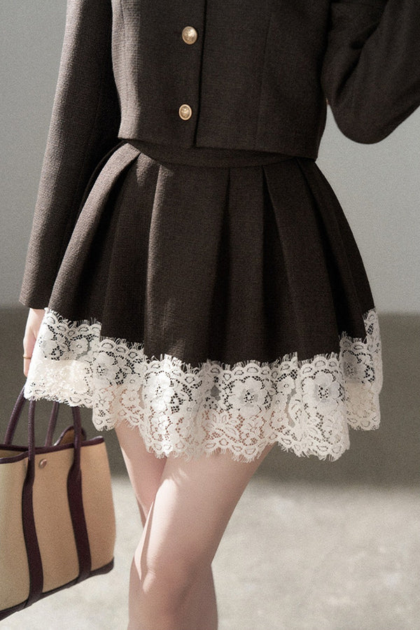 Coffee Lace Splicing Jacket and Skirt Set-Up
