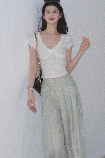 Gold Silk Linen Wide-Leg Pants