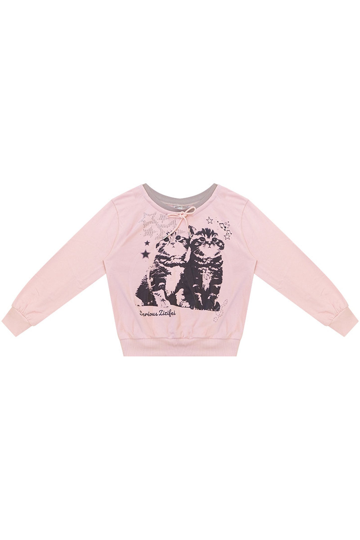 Pink Cat Print Tie Neck Sweatshirt