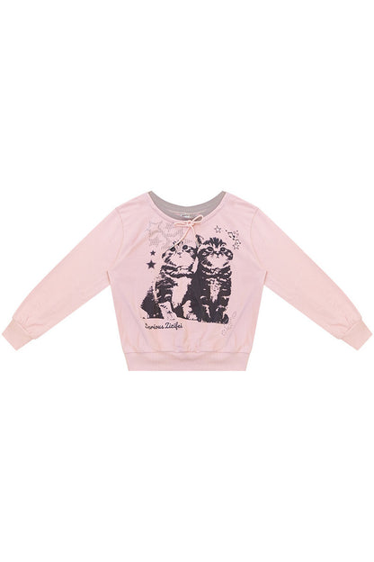 Pink Cat Print Tie Neck Sweatshirt