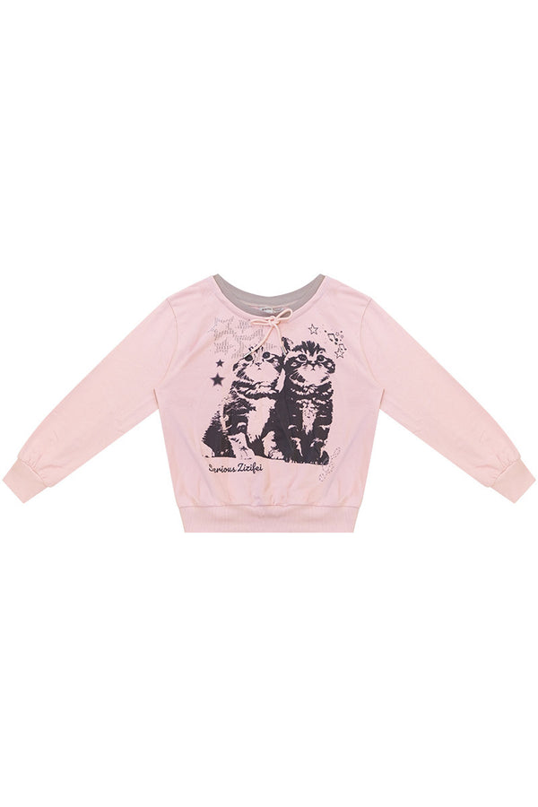 Pink Cat Print Tie Neck Sweatshirt