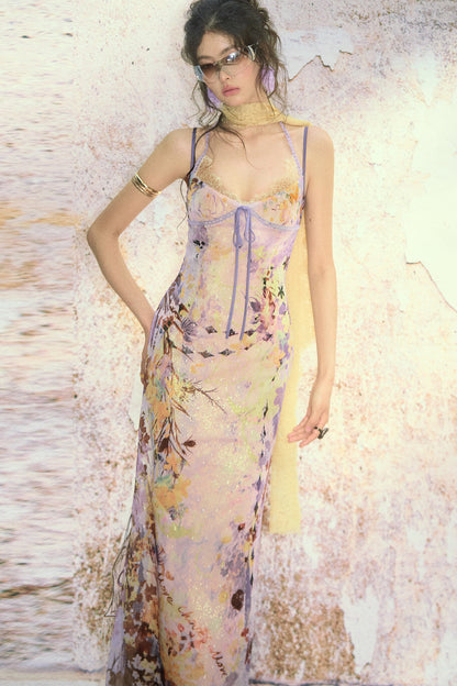 French Oil Painting Floral Spaghetti Strap Long Dress