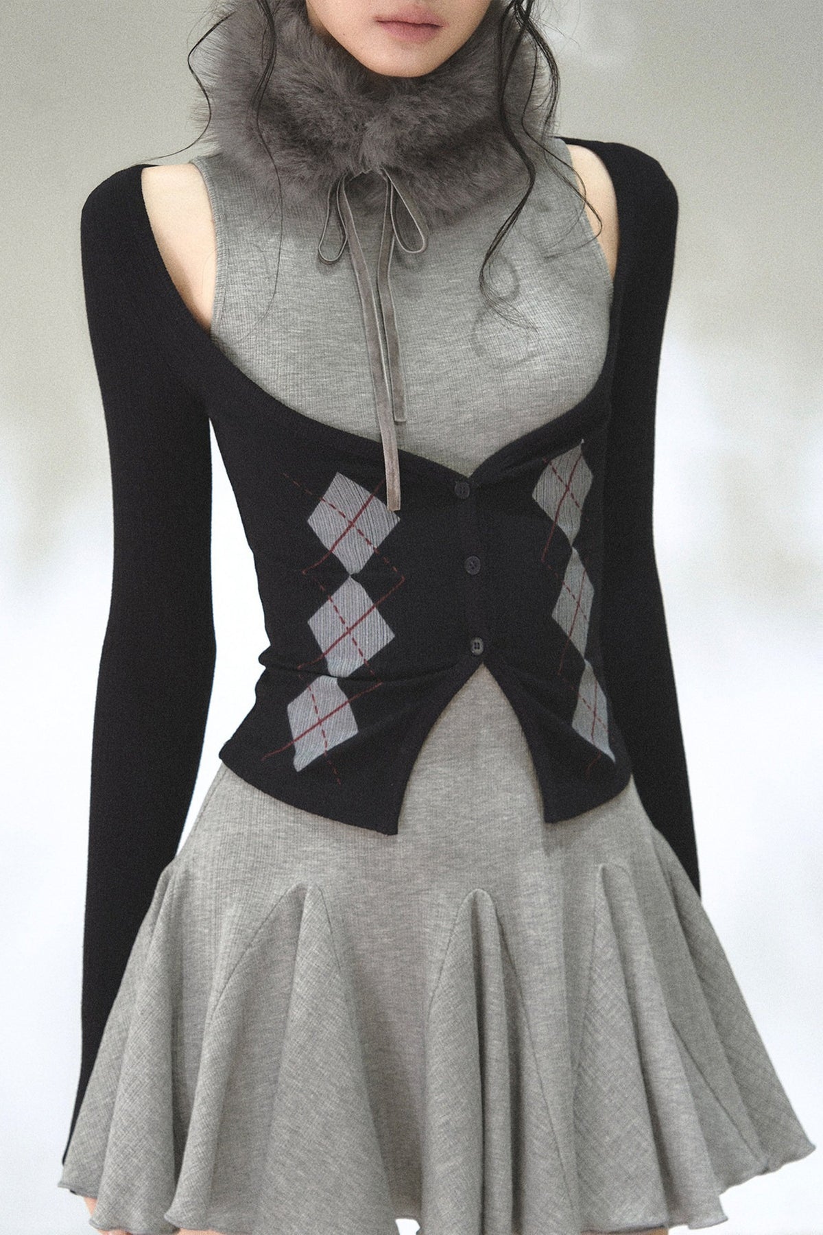 Vertical Striped Diamond Knit Cardigan and Ruffled Dress Set-Up
