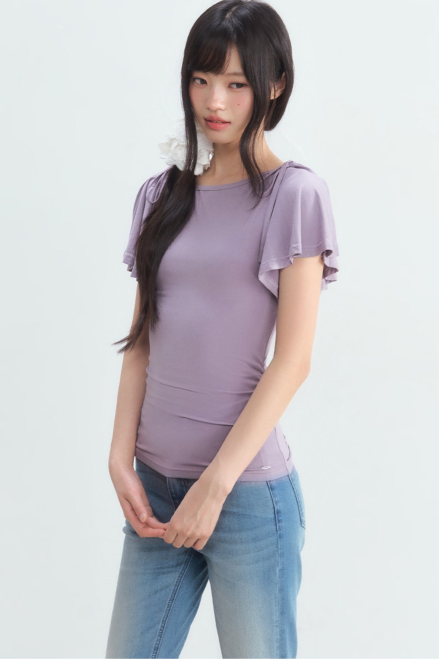 Purple Tie Flutter Sleeve Top and Denim Pants Set-Up