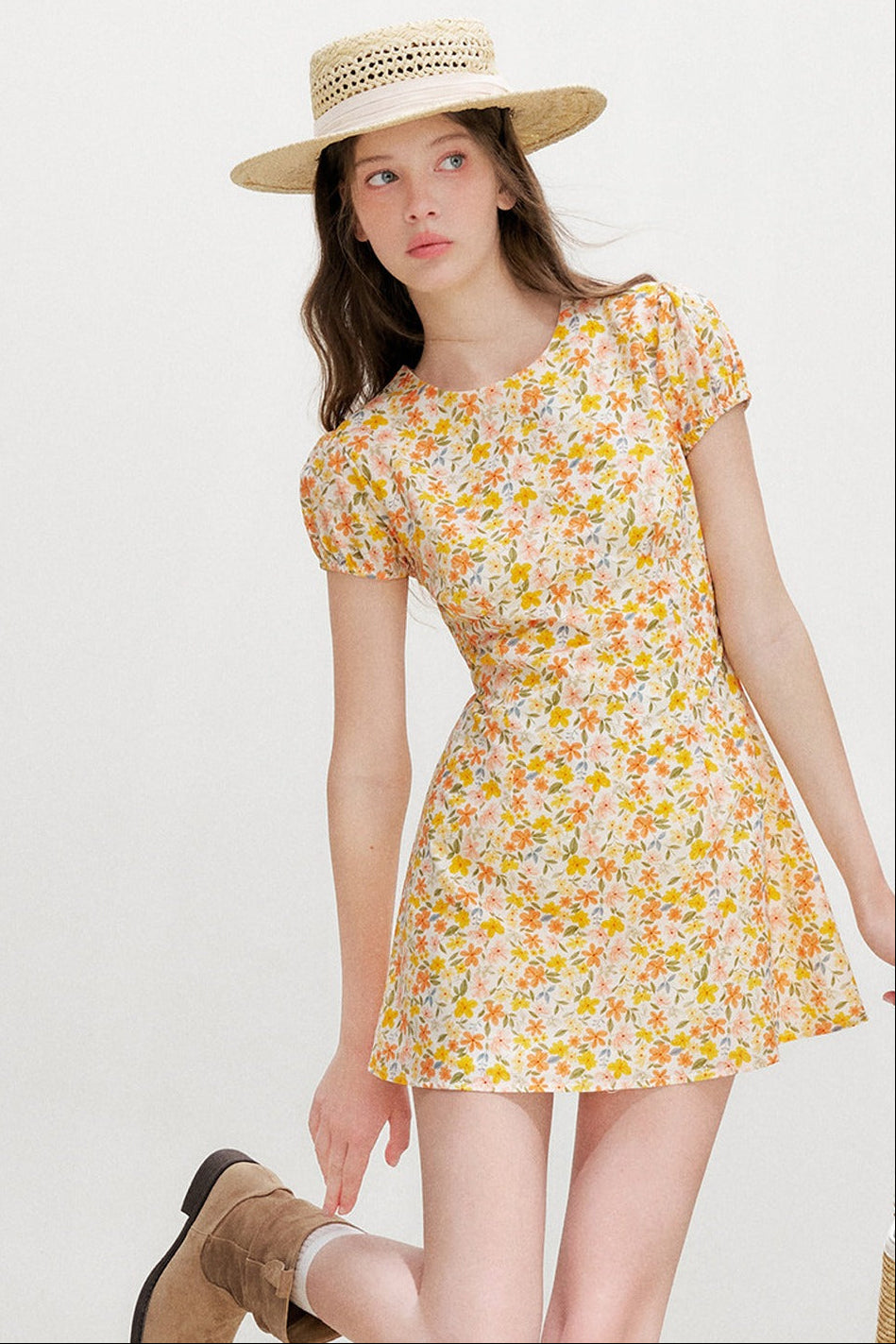 Warm Floral Puff Sleeve Dress