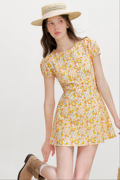 Warm Floral Puff Sleeve Dress