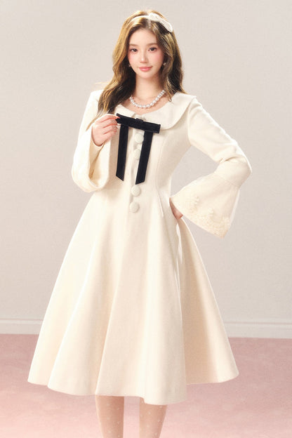 Flared Off-White Mid-Length Coat Dress