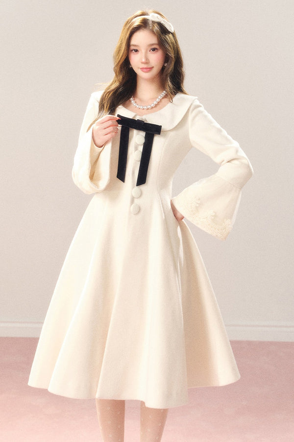 Flared Off-White Mid-Length Coat Dress