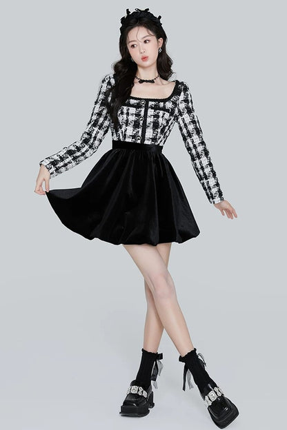 Tweed- und Samtkleid