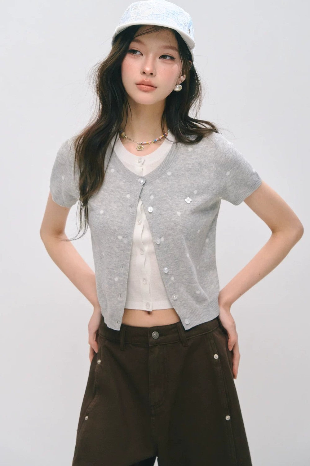 폴카 도트 니트 반소매 탑