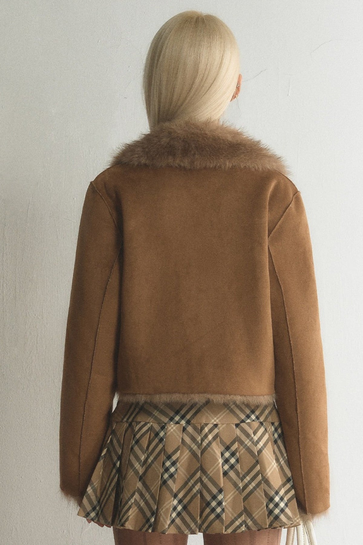 Suede Fur Collar Double-Breasted Jacket With Skirt Set-Up