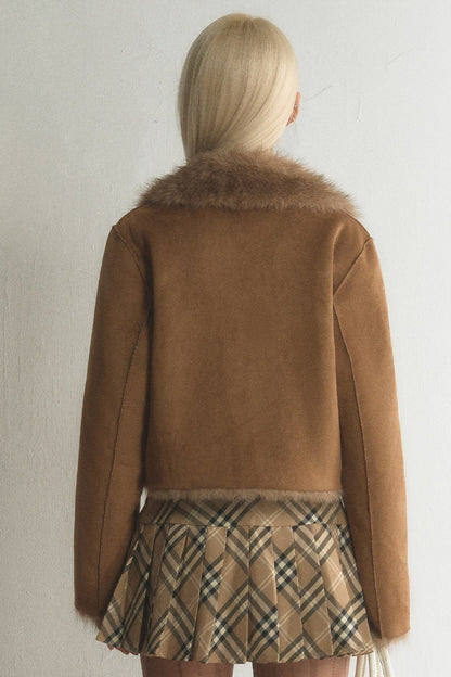 Suede Fur Collar Double-Breasted Jacket With Skirt Set-Up