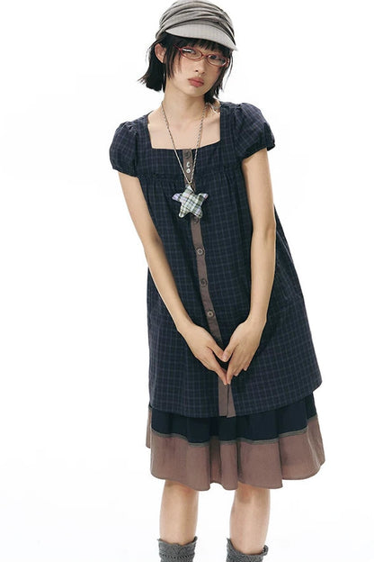 Plaid Puff Sleeve Babydoll Dress