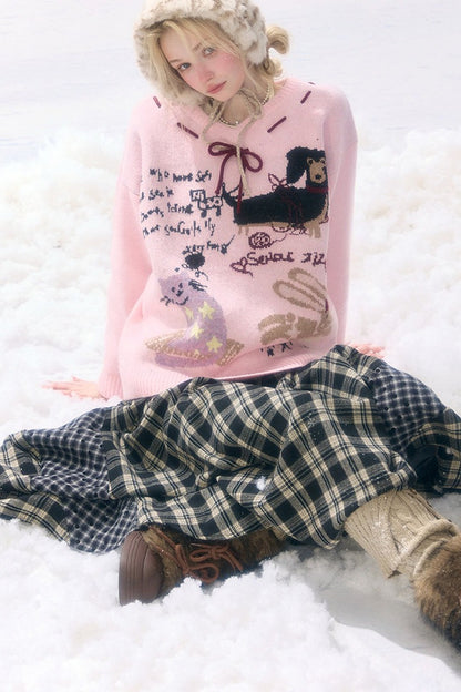 Pink Cartoon Print V-Neck Sweater