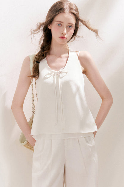 Leinen-Set aus Neckholder-Weste zum Binden und Hose mit geradem Bein