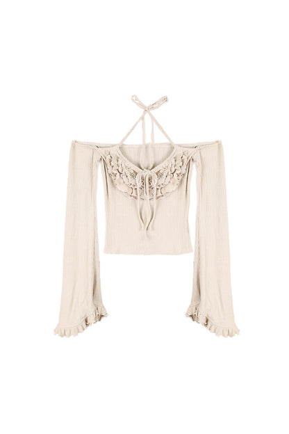 Conjunto coordinado de cárdigan de punto con volantes en tono niebla suave
