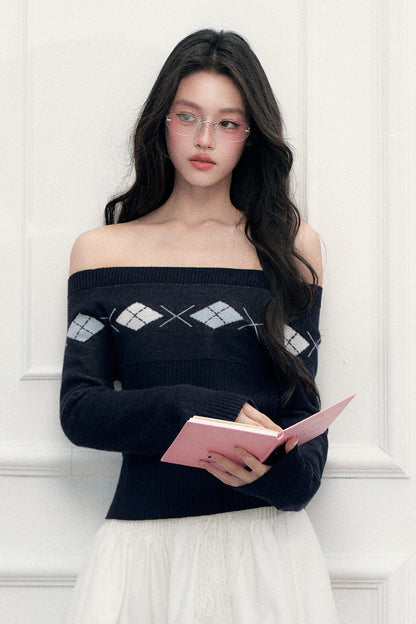Argyle Off-Shoulder Knit Top