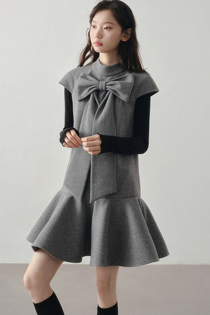 Woolen Bow Flutter Sleeve Dress