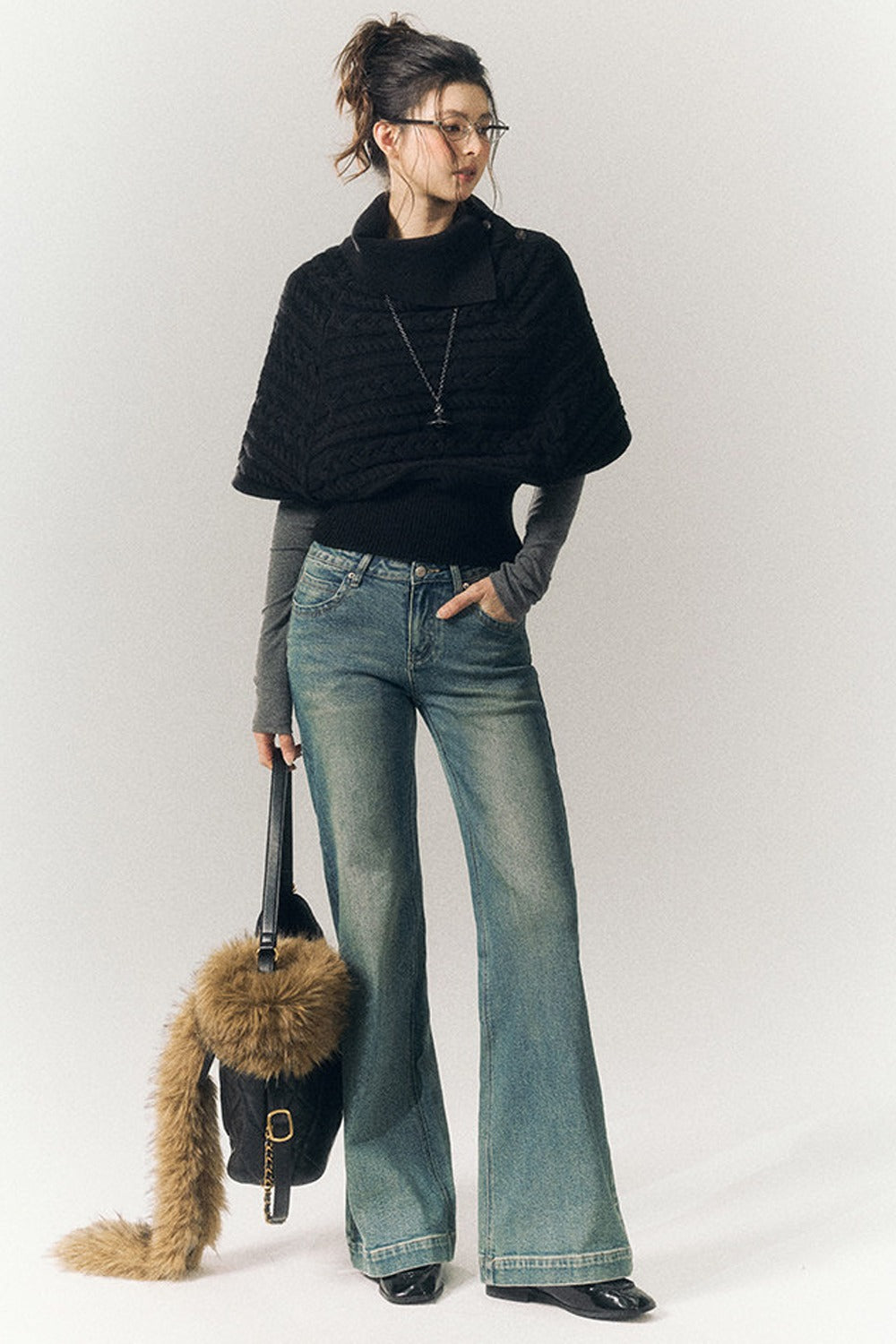 Cable Knit Lapel Cape Sweater