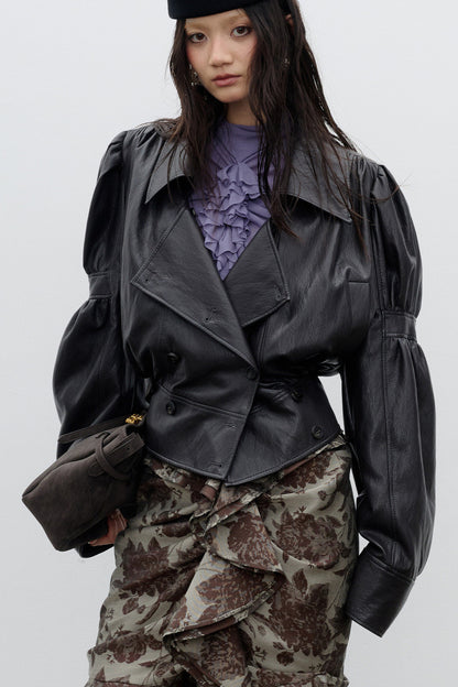 Silhouette Puff Sleeve PU Leather Jacket