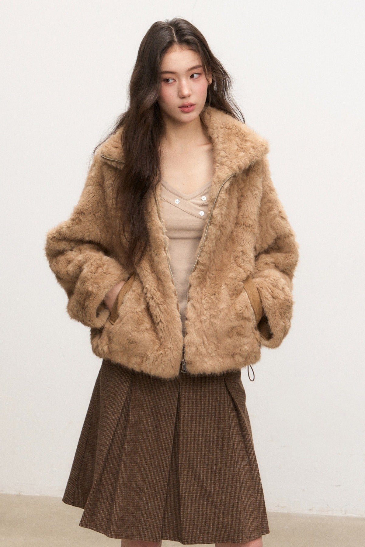 Camel Suede Lapel Fur Top Set-Up