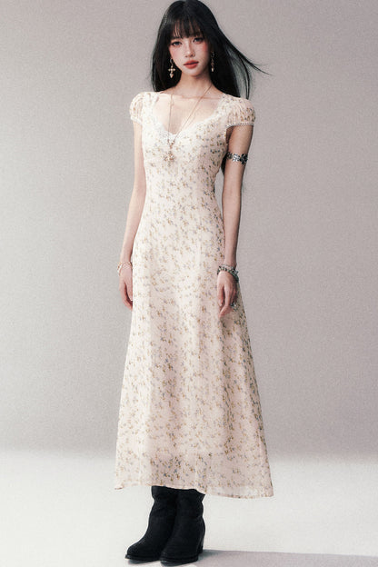 Light Yellow Floral Lace V-Neck Long Dress
