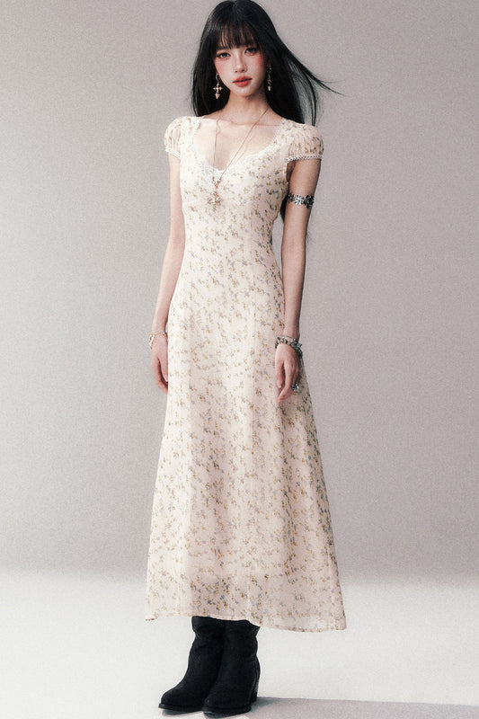 Light Yellow Floral Lace V-Neck Long Dress
