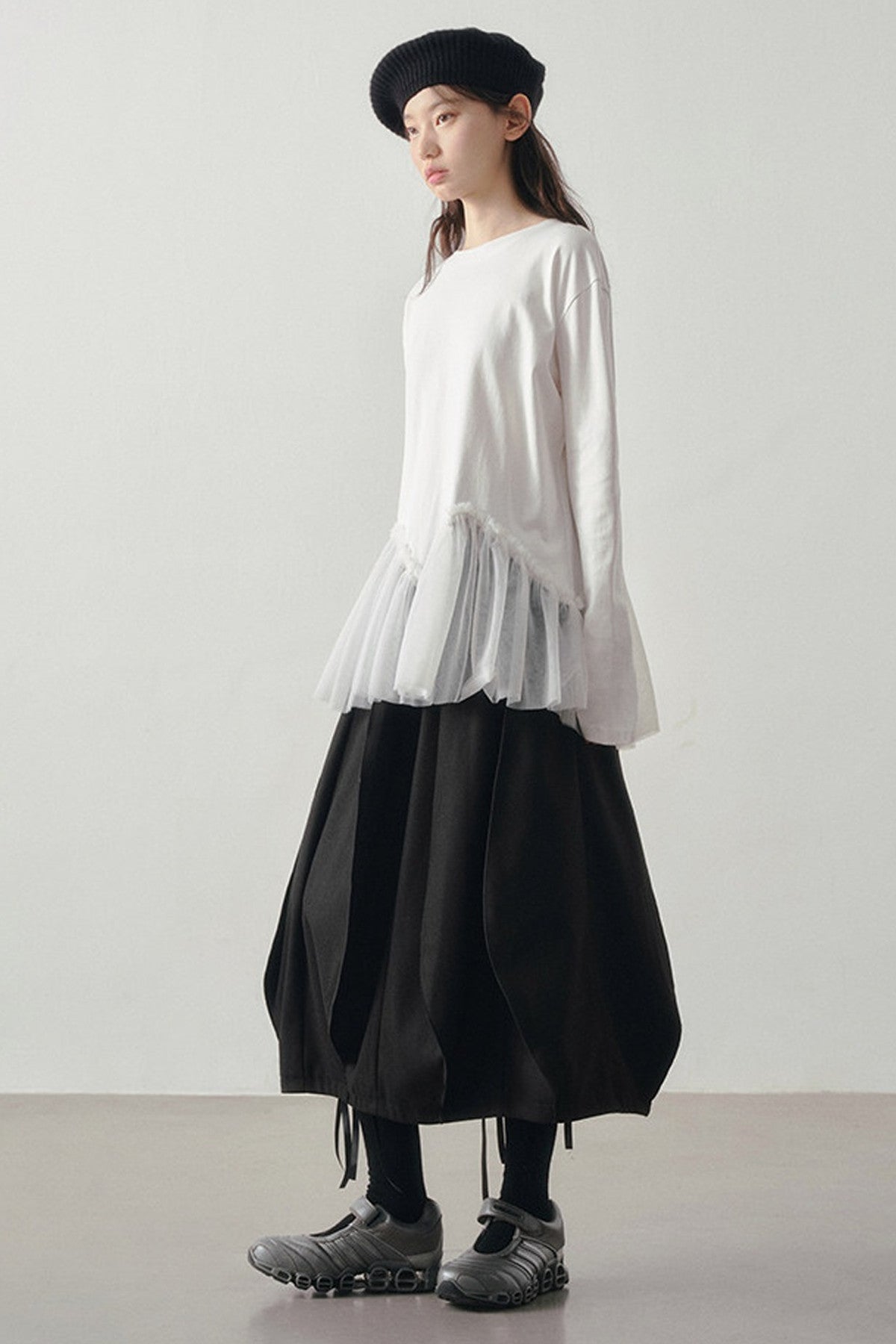 Wavy Hem Mesh Long Sleeve Top