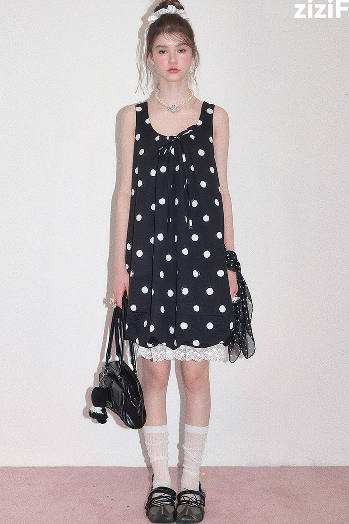 Black Polka Dot Sleeveless Lace Hem Dress