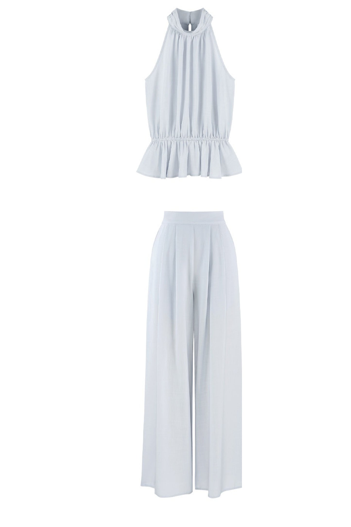 Blue Tencel Halter Shirt and Wide-Leg Pants Set