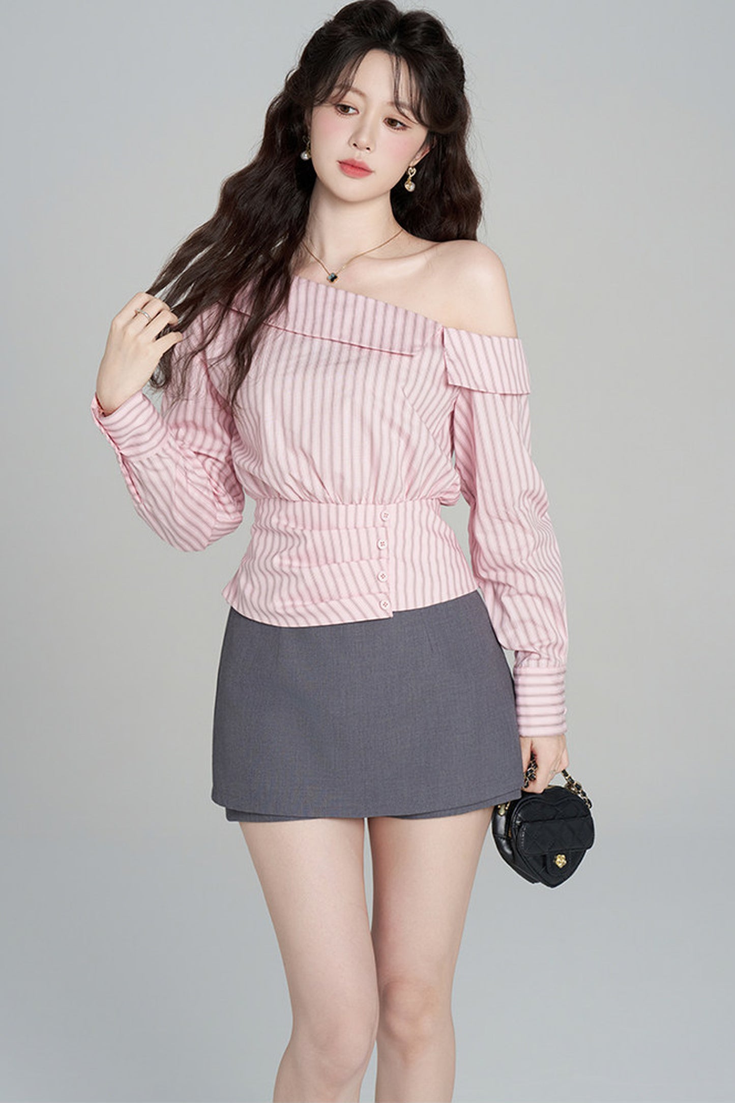 Pink Striped Off-Shoulder Long-Sleeve Shirt and Skirt Set-Up