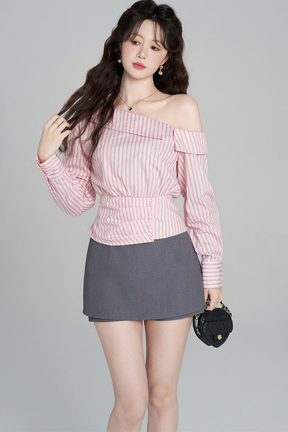 Pink Striped Off-Shoulder Long-Sleeve Shirt and Skirt Set-Up