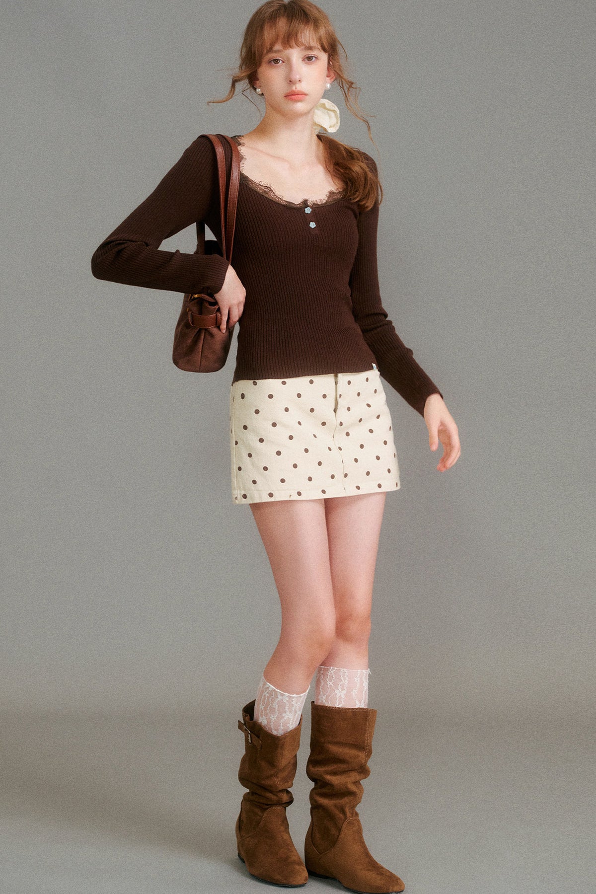 Wool Blend Lace Trim U-Neck Knit Top