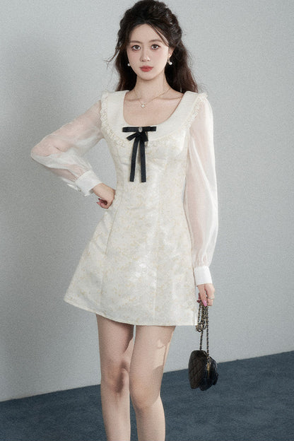 Waist-Cinching A-Line Jacquard Long-Sleeve Dress