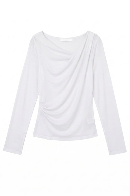 Lyocell Overlapping Pleated Long-Sleeve T-Shirt