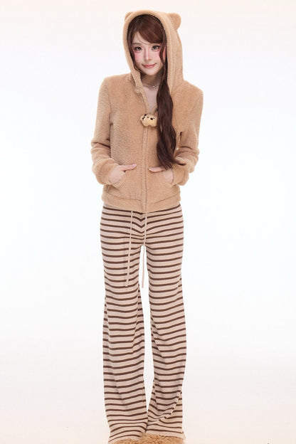 Teddy Bear Hooded Jacket and Striped Knit Pants Set-Up