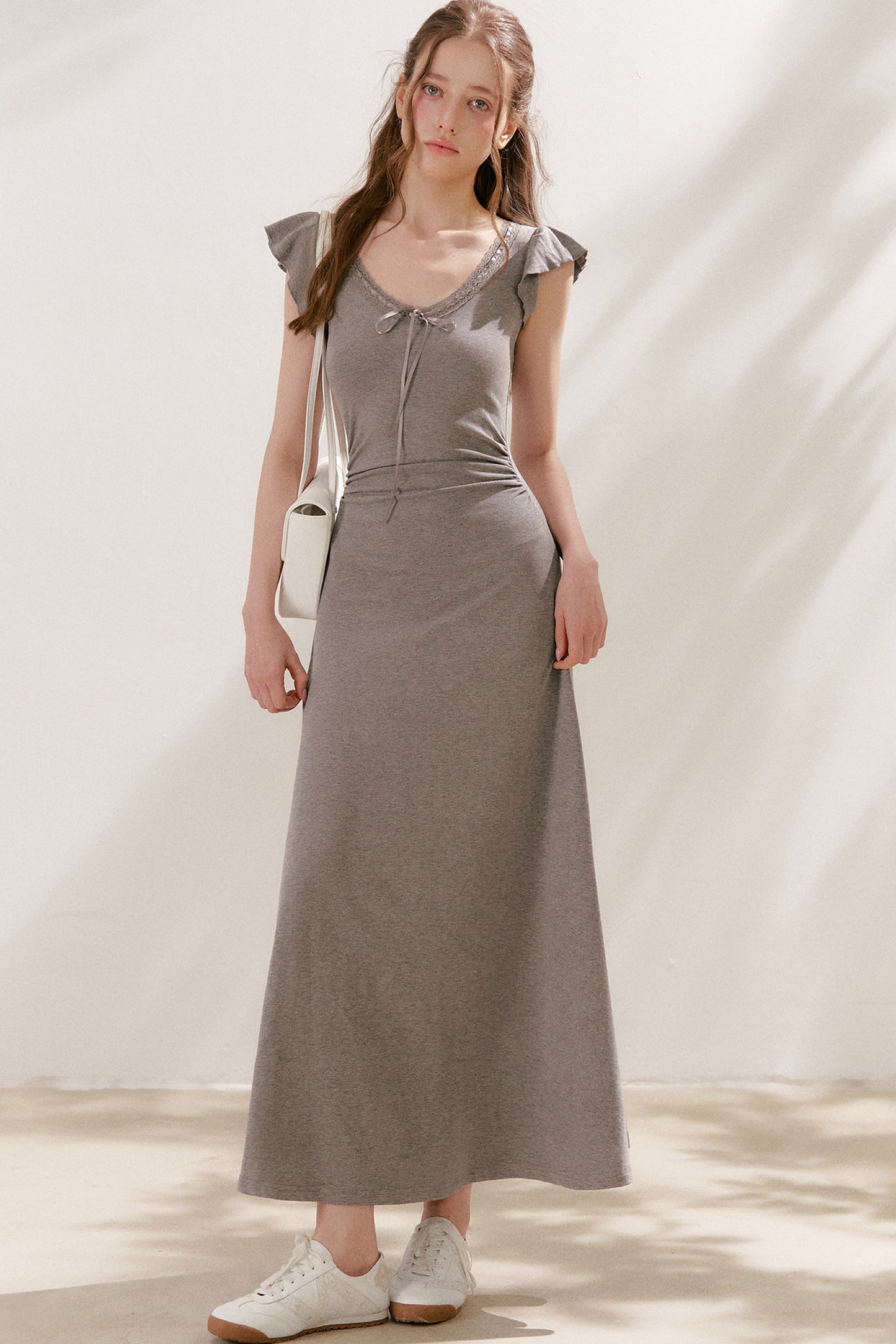 Bow Tie V-Neck Flutter Sleeve Maxi Dress