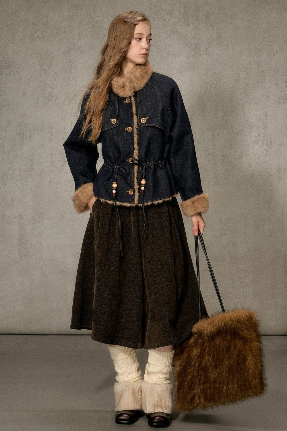 Fur Collar Denim Drawstring Jacket