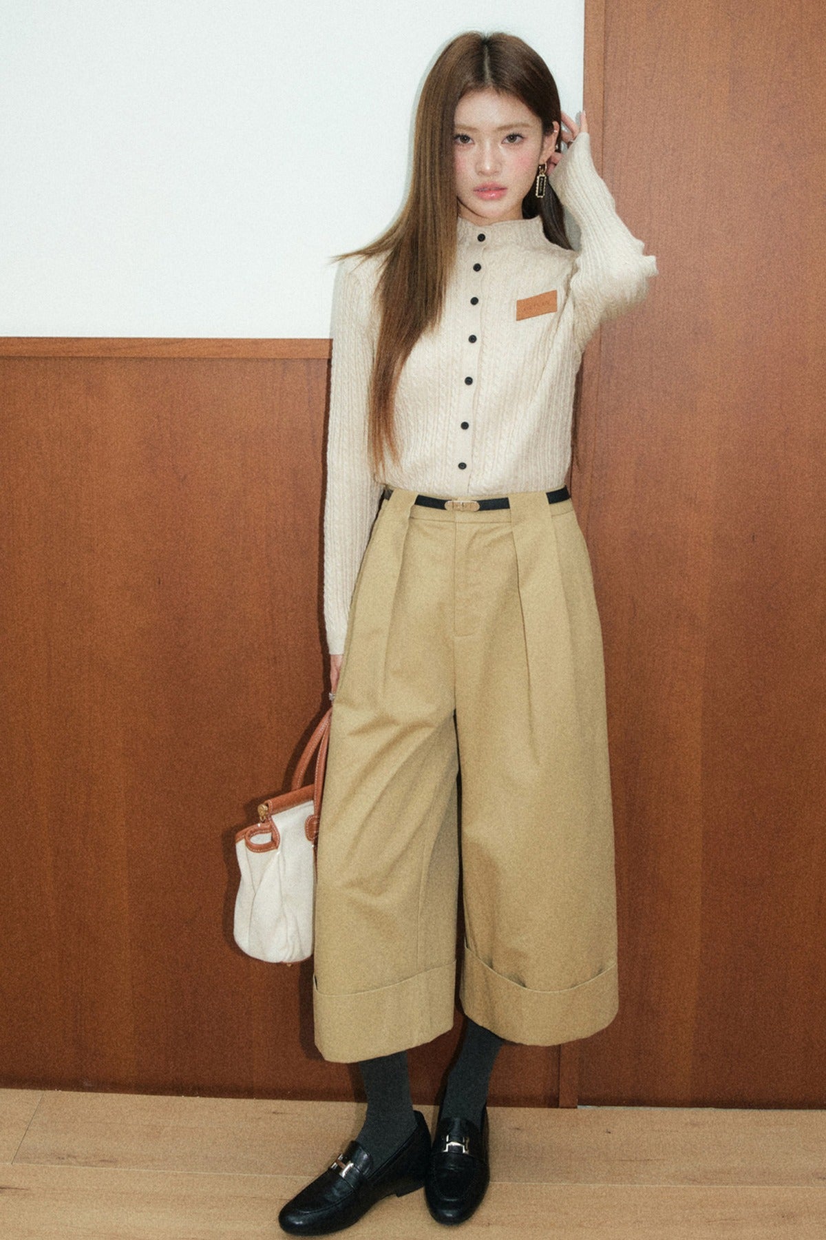 Olivia Duo Half Turtleneck Cable Knit Top and Khaki Pants Set-Up
