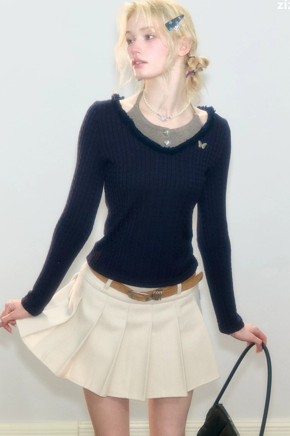 Frayed Halter Layered-Look Knit Top