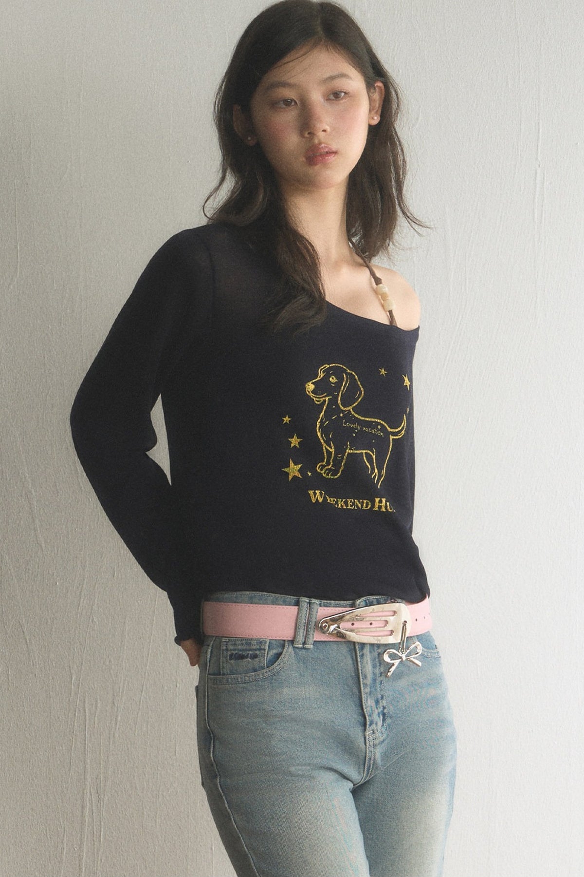 Off-Shoulder Dachshund Top and Flared Jeans Set-Up
