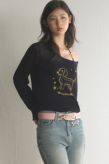Off-Shoulder Dachshund Top and Flared Jeans Set-Up