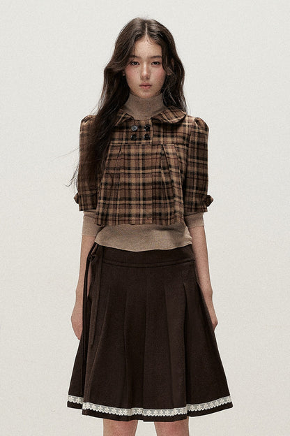 Vintage Woolen Pleated Mid-Sleeve Top