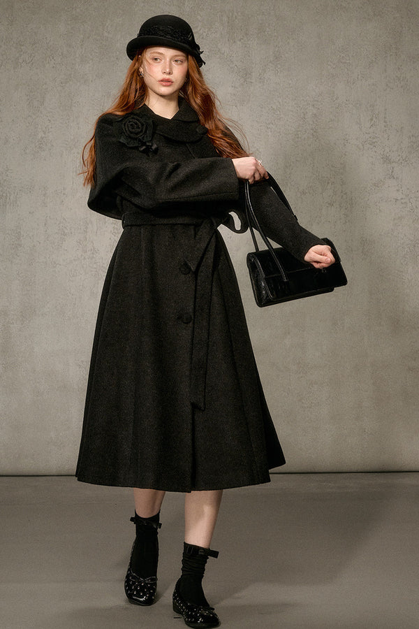Floral Embroidered Long Woolen Cape Coat Set-Up