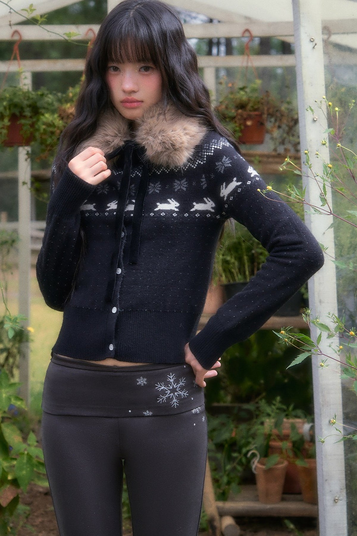 Waist-Cinching Fair Isle Rabbit Cardigan and Pants Set-Up