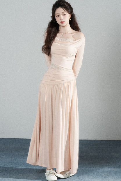 Pink Drape Neck Knit Long Dress