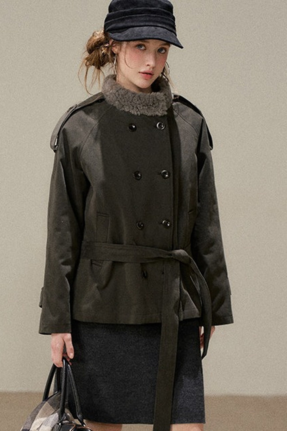 Gray Green Fur Collar Quilted Jacket